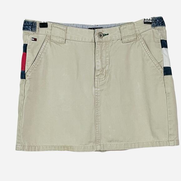Tommy Jeans Vtg Y2K Mini Skirt Size 7 Khaki Blue Red Stripe Preppy Logo - Picture 2 of 8